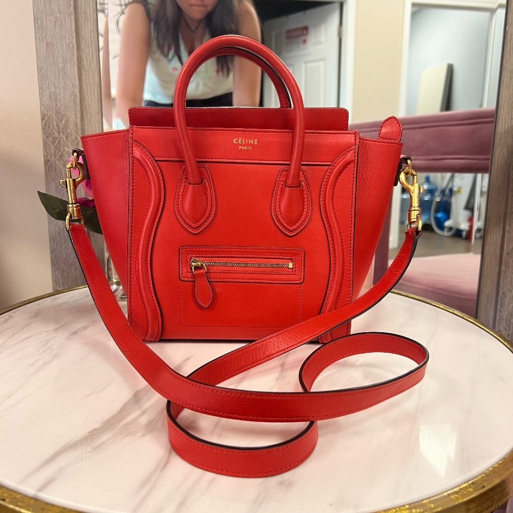 CELINE Drummed Calfskin Micro Luggage Red